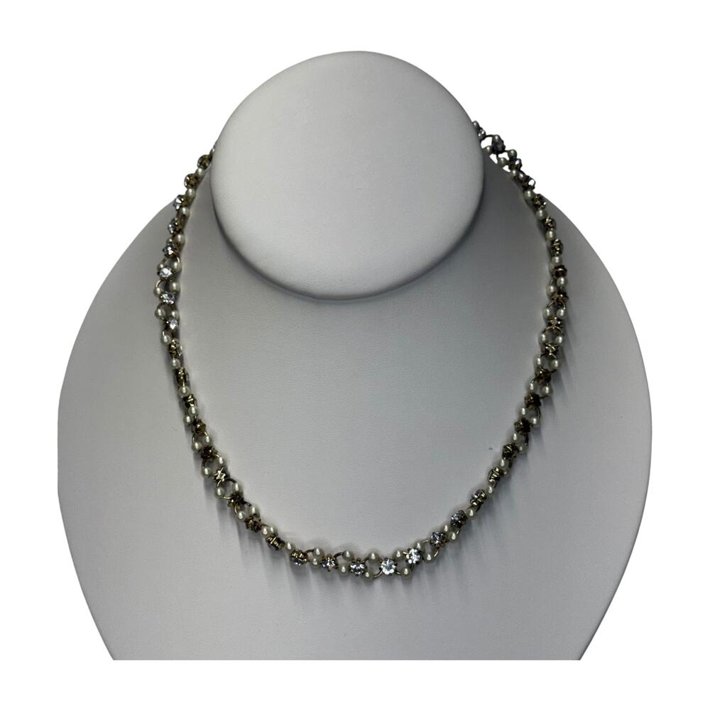Faux Pearl Rhinestone Star Choker Necklace Antiqued Brass Extender Chain - Picture 2 of 6